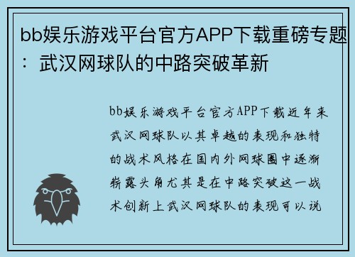 bb娱乐游戏平台官方APP下载重磅专题：武汉网球队的中路突破革新